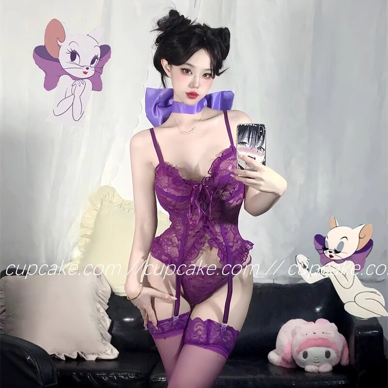 做你的猫 带钢圈气质复古紫色蕾丝马甲胸衣性感吊袜制服套装qqny