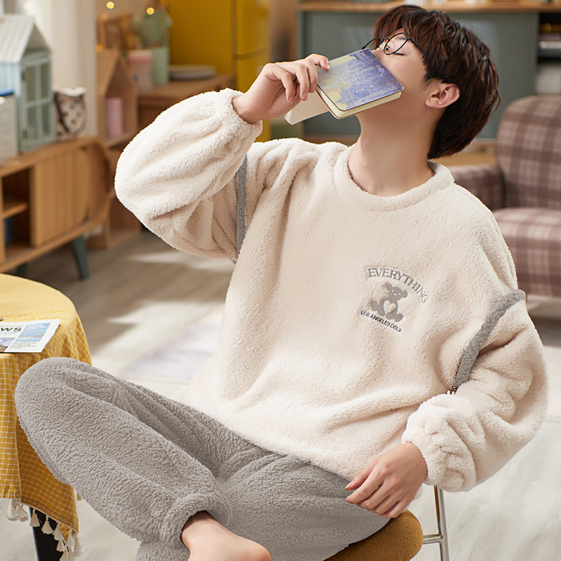 珊瑚绒睡衣男款冬季休闲宽松大码开衫长袖长裤加绒加厚家居服套装