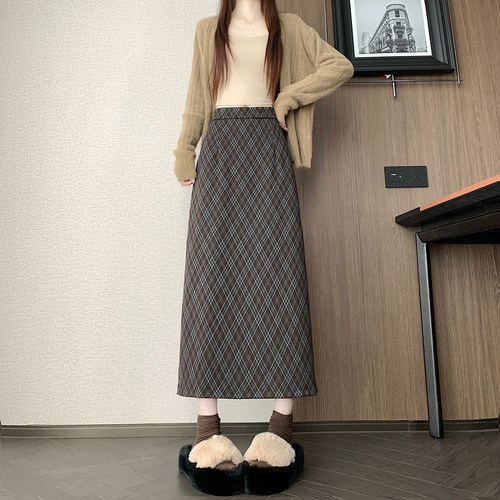 秋冬季韩版复古菱形格毛呢高腰长裙chi格子中长直筒半身裙女