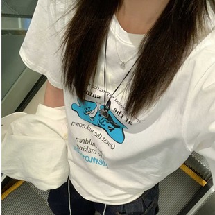 上衣ins潮 韩国东大门纯棉字母印花慵懒T恤圆领宽松通勤百搭短袖