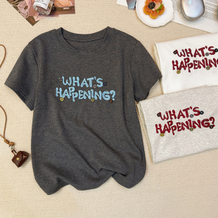 宽松休闲半袖 韩国 百搭上衣服 T恤女2026夏季 立体纽扣字母刺绣短袖