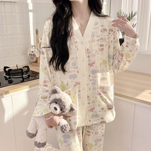 带胸垫月子服春秋冬季纯棉吸汗产后产妇喂奶哺乳孕妇睡衣怀孕期