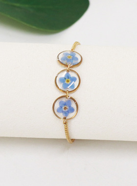 新款气质干花手链  蓝色三朵勿忘我永生花手链