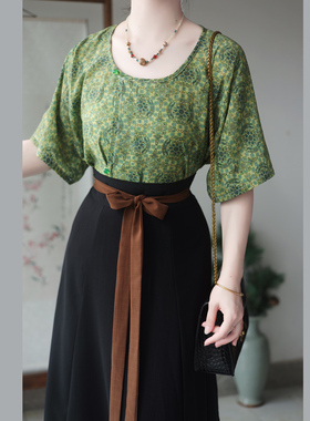 池秋记【青玉】唐制汉服短袖圆领唐背子日常通勤八破群夏款两件套