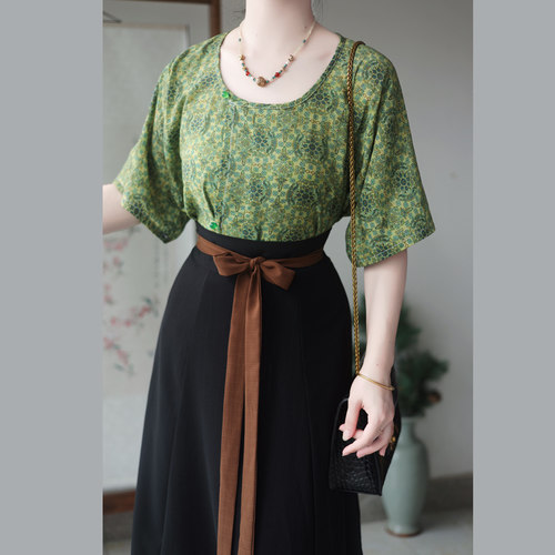 池秋记【青玉】唐制汉服短袖圆领唐背子日常通勤八破群夏款两件套