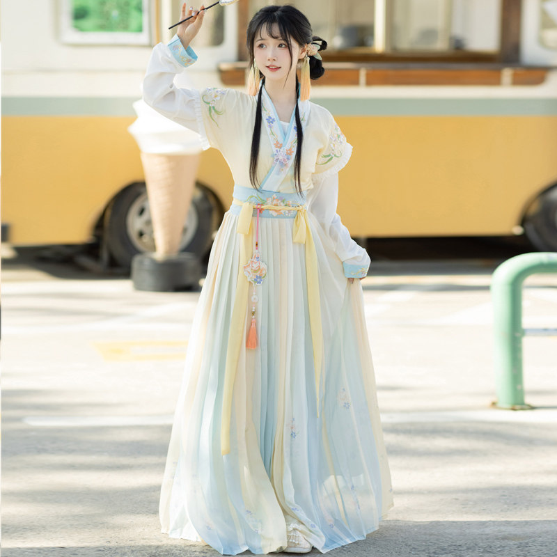 池秋记唐制汉服女背子百褶裙