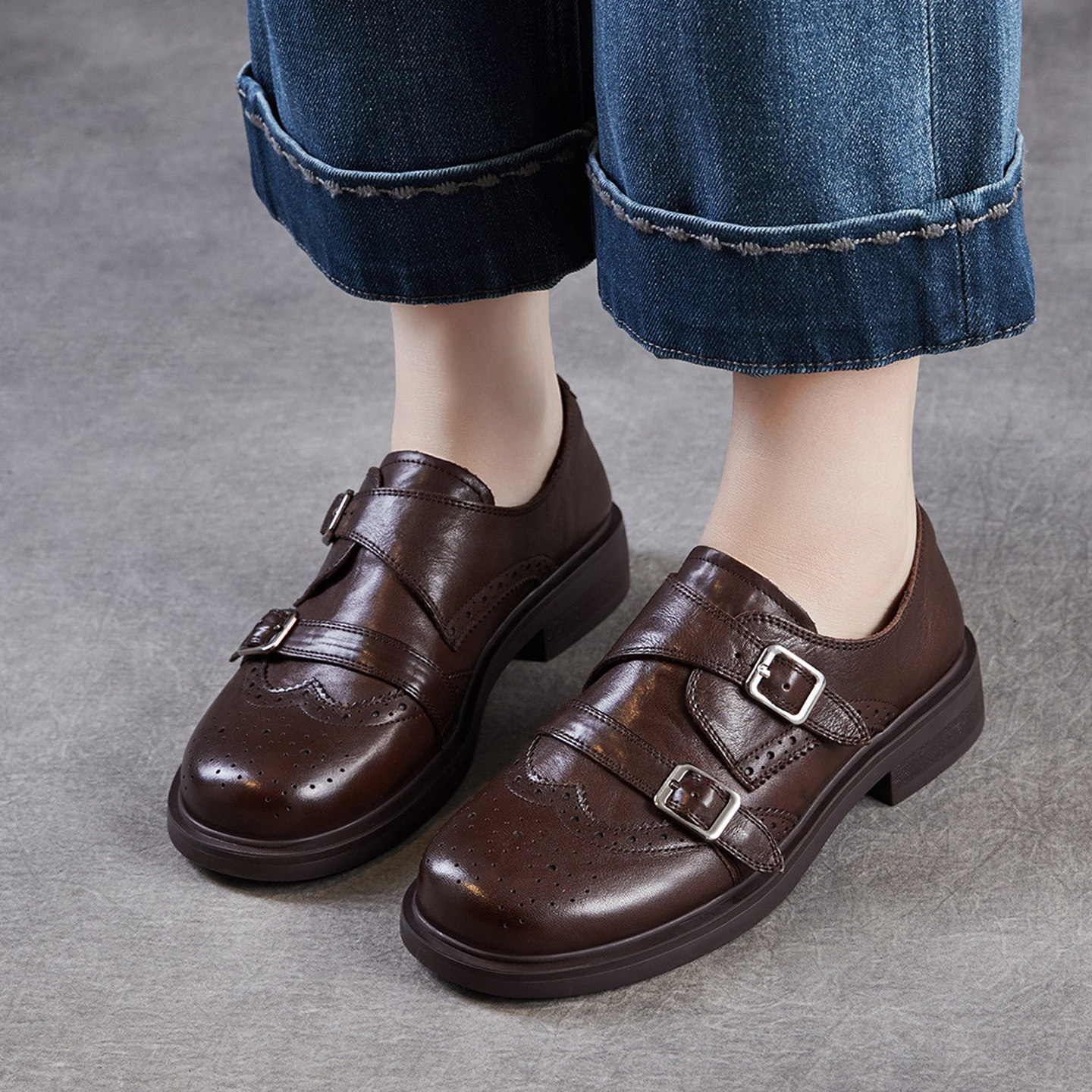 头层牛皮乐福鞋女2026款雕花布洛克双扣带粗跟小皮鞋复古真皮单鞋,女鞋,乐福鞋（豆豆鞋）,淘宝优惠券,粉丝福利购,淘宝优惠卷