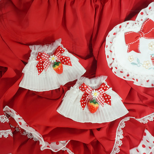 原创设计 手作ap摘草莓花边手袖套Lolita蝴蝶结手环可爱日系甜美