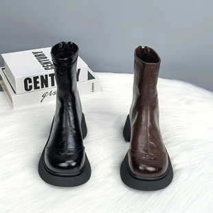真皮烟筒马丁靴女款2025秋冬新款加绒加厚切尔西女靴厚底短靴子女