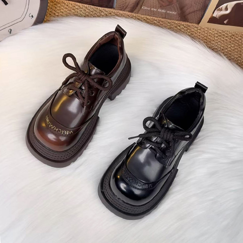 真皮厚底乐福鞋女2025春秋新款小个子学院风一脚蹬增高系带小皮鞋