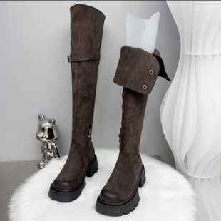 厚底过膝长靴女2025秋冬美拉德两穿显瘦翻折长筒靴小个子高筒靴子
