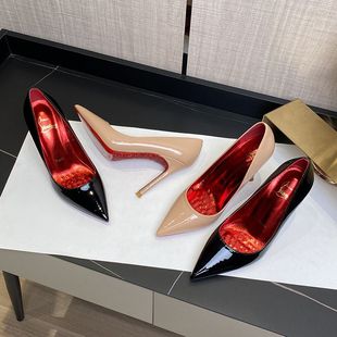 水钻红底高跟鞋女细跟2025新款婚鞋绝美性感黑色漆皮侧空尖头单鞋