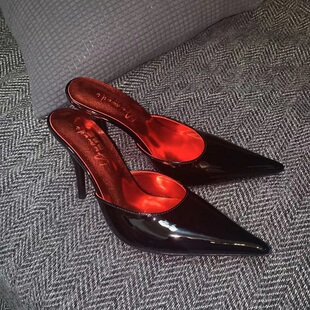 黑色高跟鞋 2025夏季 女外穿细跟尖头性感包头红色凉拖鞋 半拖鞋 新款