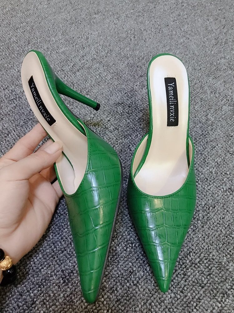 2025夏季新款高跟拖鞋细跟凉拖包头鳄鱼纹半拖鞋尖头穆勒鞋外穿女,女鞋,包头拖,淘宝优惠券,粉丝福利购,淘宝优惠卷