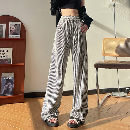 黑白银丝斜条纹阔腿裤女休闲长裤