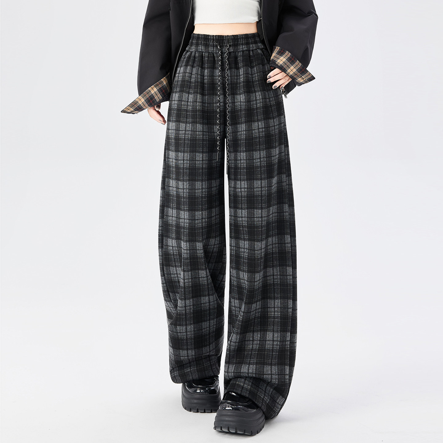 高腰格子加绒加厚阔腿裤女黑色