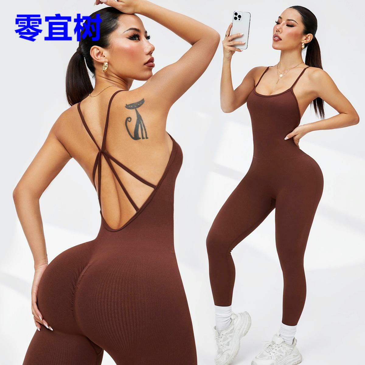 欧美性感连体瑜伽服蜜桃臀速干交叉美背无胸垫紧身健身长裤连体衣