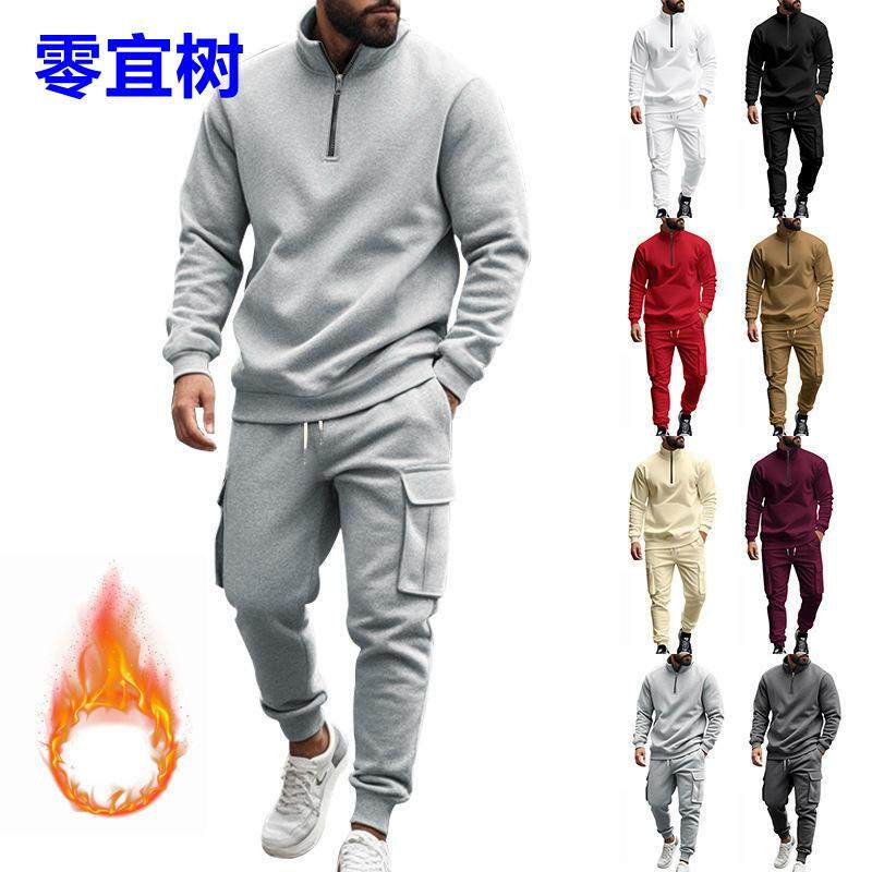 外贸秋冬男装亚马逊新款美式男休闲加绒保暖拉链男式运动长裤套装