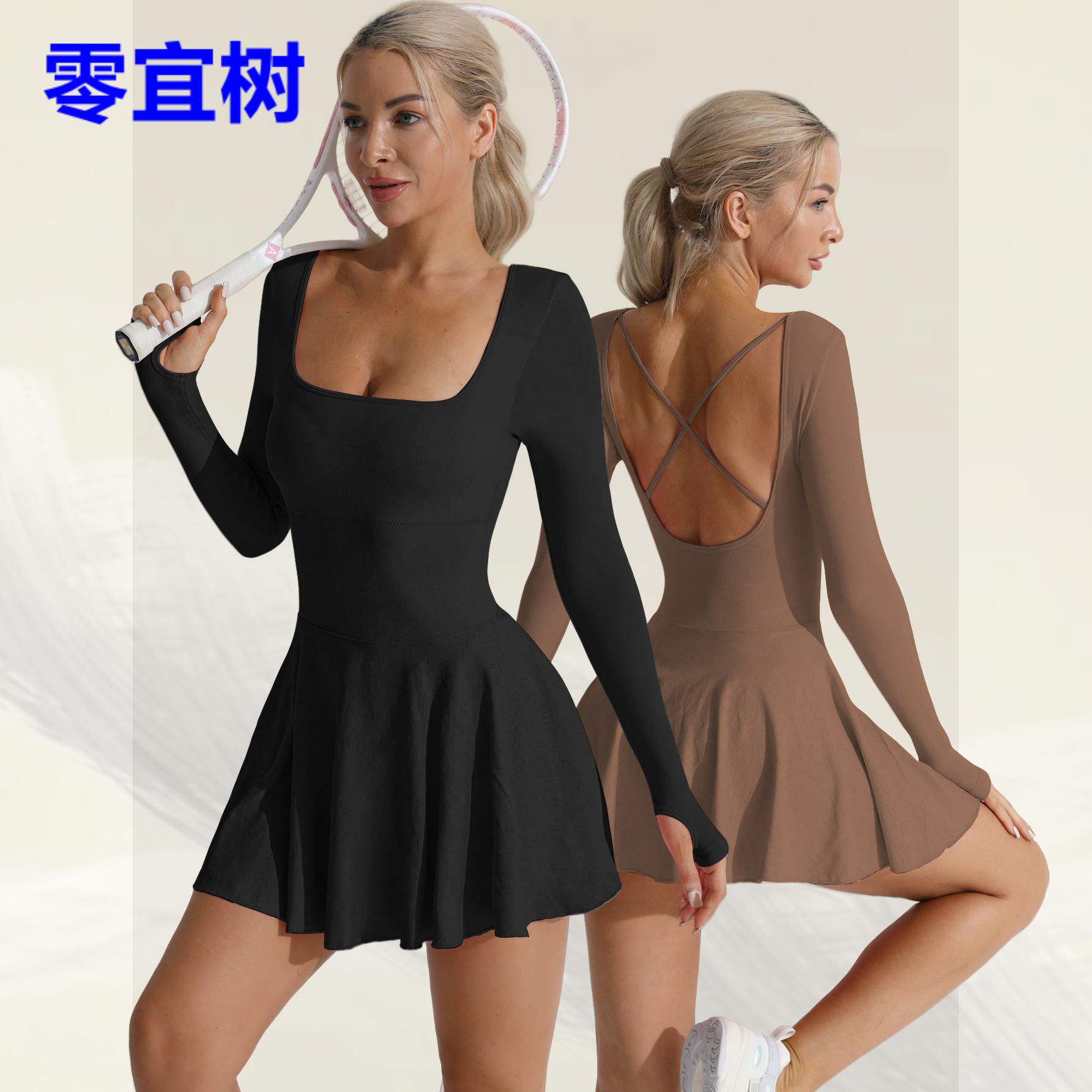 外贸 性感美背高尔夫网球裙连体衣 跑步运动防走光瑜伽服健身短裙
