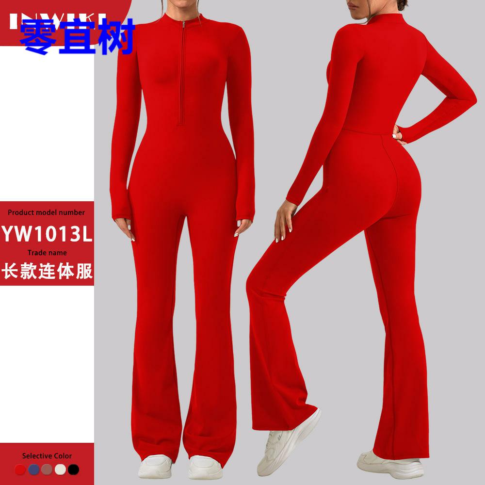 运动欧美流行拉链长袖长裤微喇连体服修身女提臀运动健身瑜伽服运