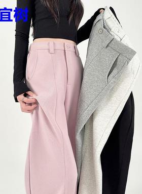 军绿色工装运动裤女2025新款秋季高腰休闲宽松直筒垂感阔腿弯刀裤