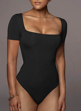 Bodysuit外贸夏季新款外贸女装欧美性感紧身方领短袖连体衣裤