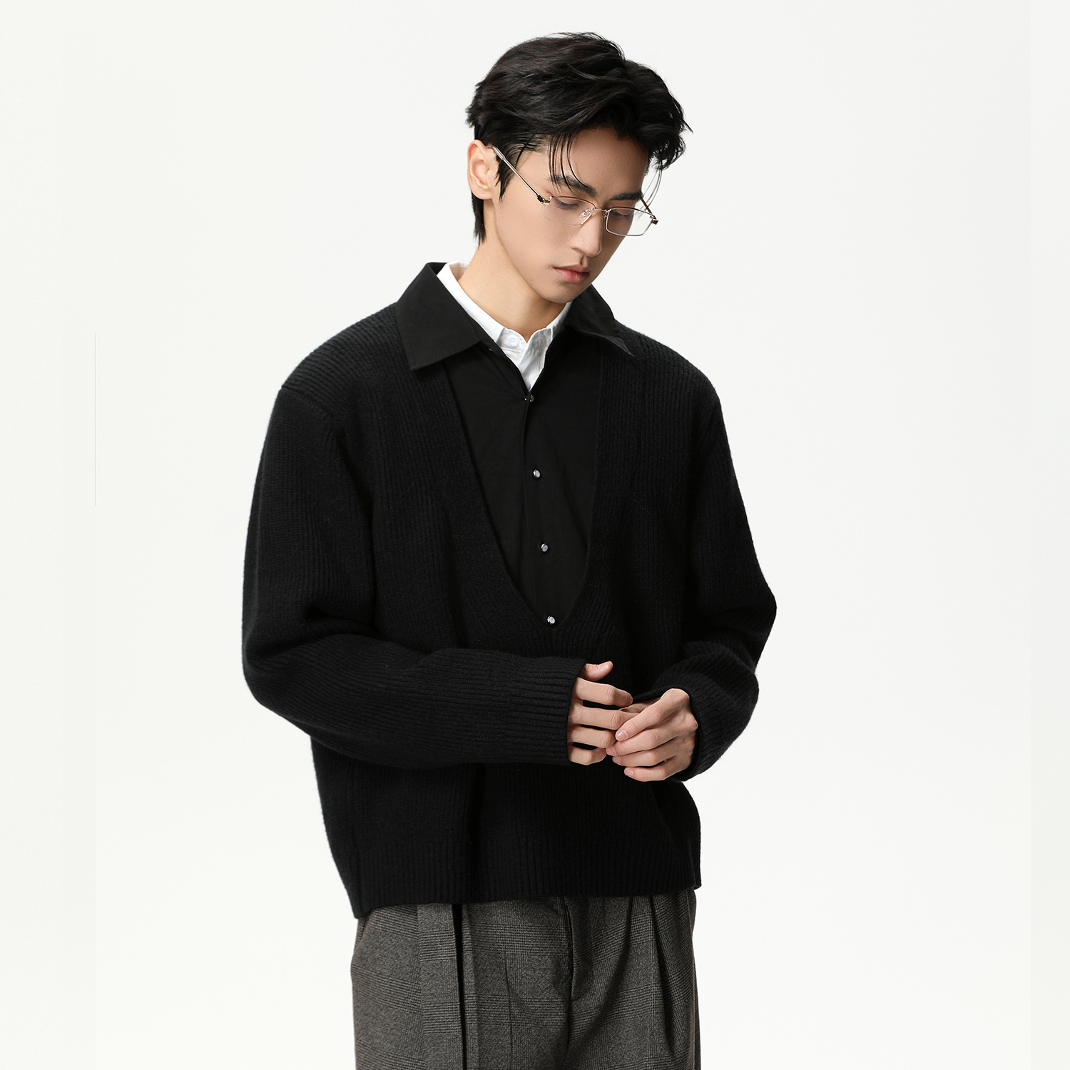 Yuquan羽泉男装|高知感老钱风假两件深V领拼接衬衫小众潮流