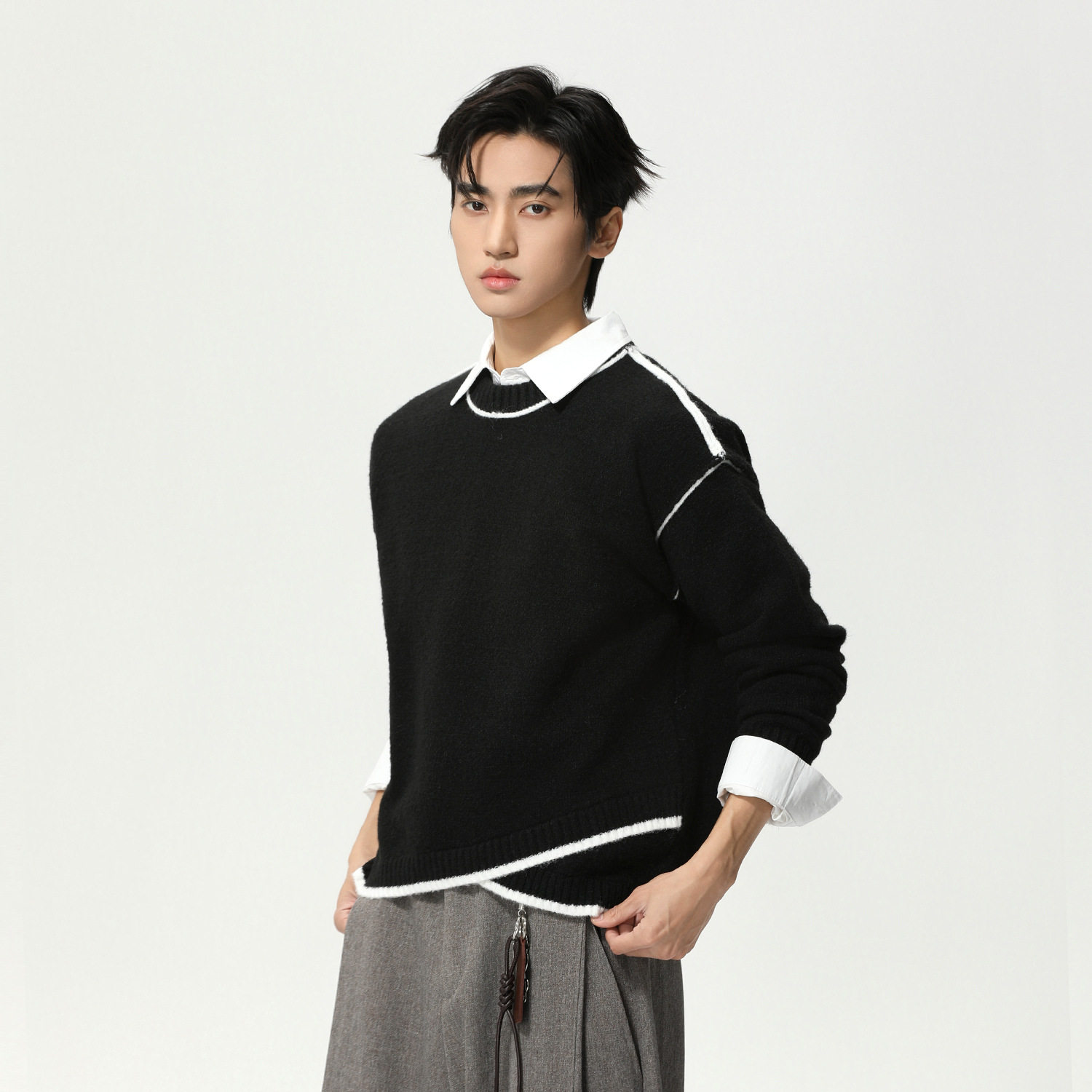 Yuquan羽泉男装|小众交叉解构设计撞色辑明线圆领套头时尚,男装,针织衫/毛衣,淘宝优惠券,粉丝福利购,淘宝优惠卷