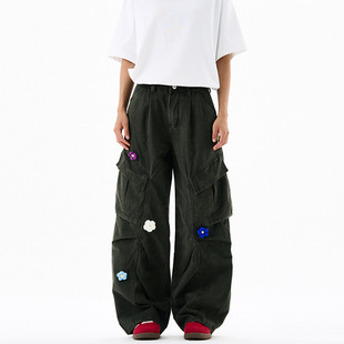 Yuquan羽泉男装 美式复古花朵刺绣工装裤男女潮牌oversize宽松