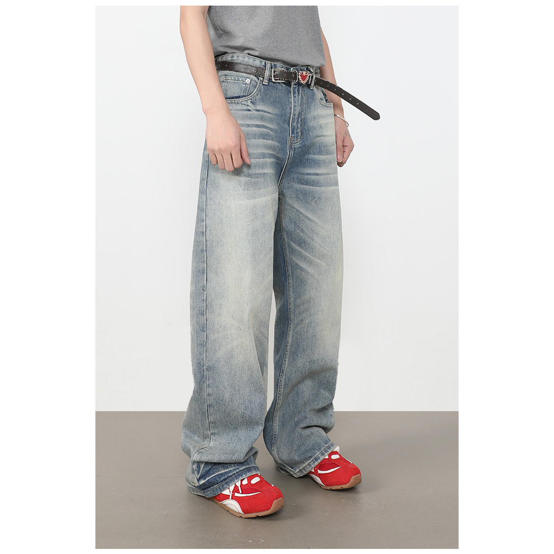 Yuquan羽泉男装牛仔|美式新款百搭牛仔裤男复古浅蓝阔腿宽松直筒