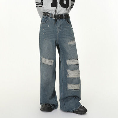 Yuquan羽泉男装|小众个性拼接金属钉做旧磨破重工阔腿破洞