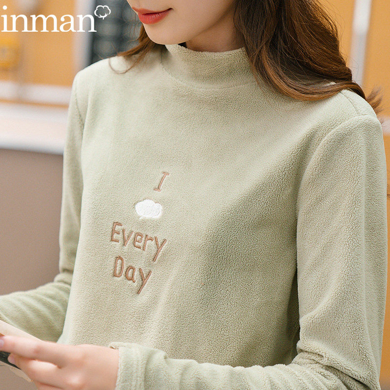 茵曼秋季上衣ins气质长袖磨毛大t恤打底衫丅恤女装2020年新款秋冬