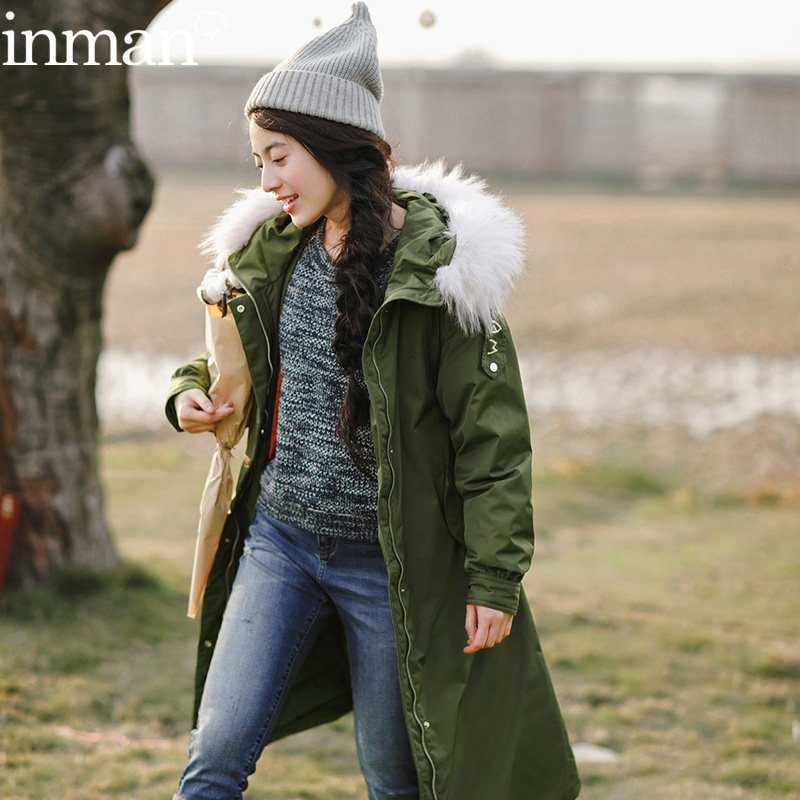 茵曼2019年冬装新款女装军绿色过膝长款加厚羽绒服大衣派克服茵蔓