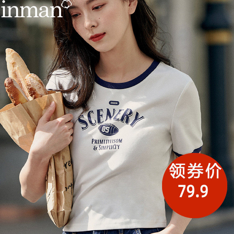 茵曼印花圆领t恤女2022年夏季新款潮宽松显瘦短款短袖上衣体恤衫