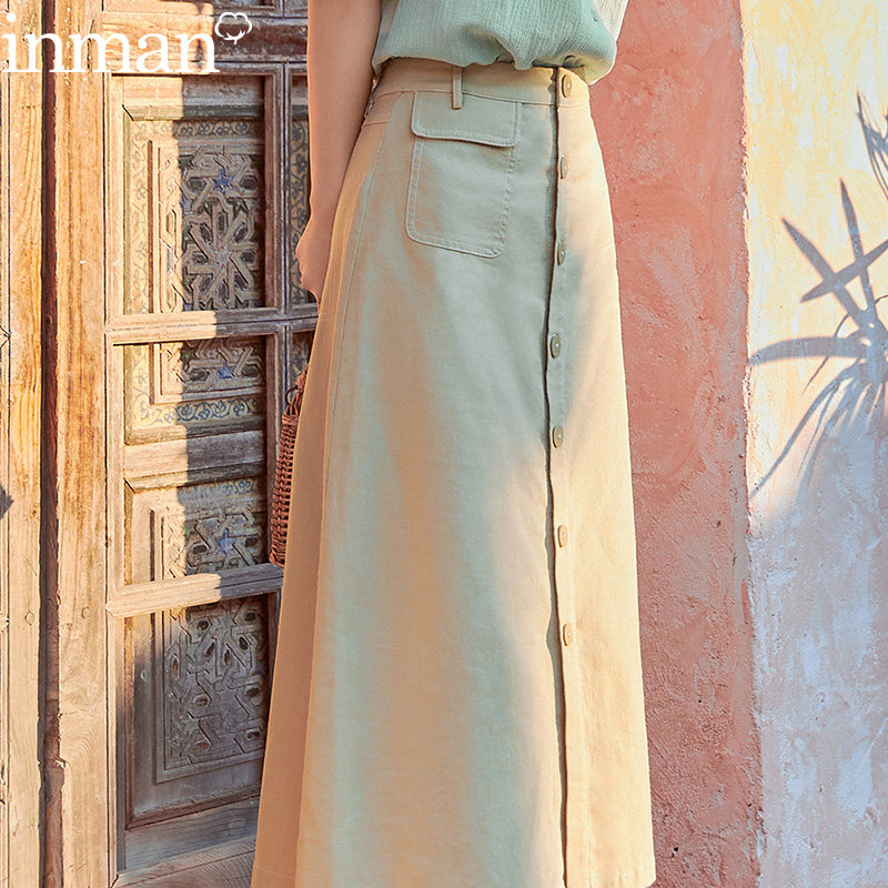 茵曼旗舰店棉麻女装亚麻赫本风长裙子半身裙a字裙卡其色夏季半裙