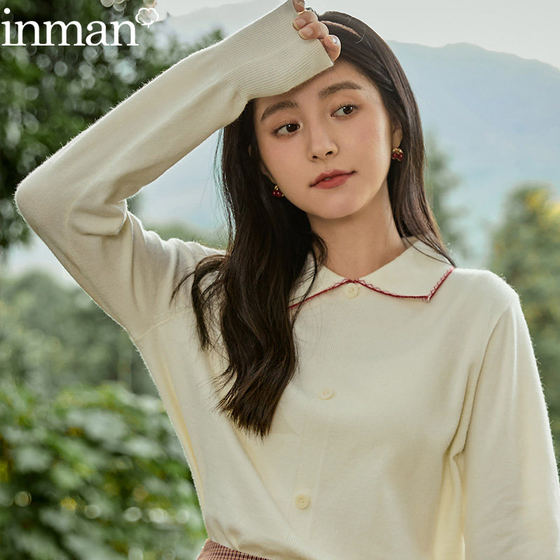 茵曼官方旗舰店茵蔓女装翻领气质针织衫小清新毛衣森女系打底衫秋