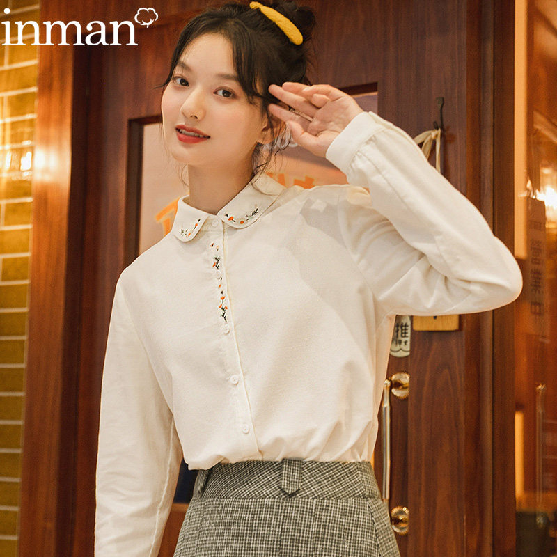 茵曼旗舰店2020新款秋季秋冬灯芯绒长袖衬衫女士全棉衬衣打底寸衫