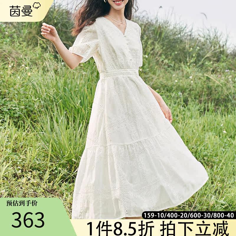 茵曼莱赛尔天丝连衣裙女2023新款夏天a字裙子高级感茶歇法式长裙