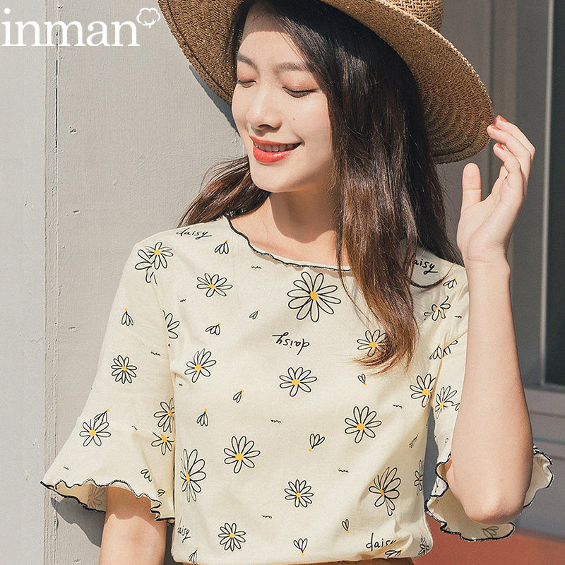 茵曼旗舰店2020夏装短袖T恤女纯棉小雏菊喇叭袖t桖衫上衣茵蔓女装