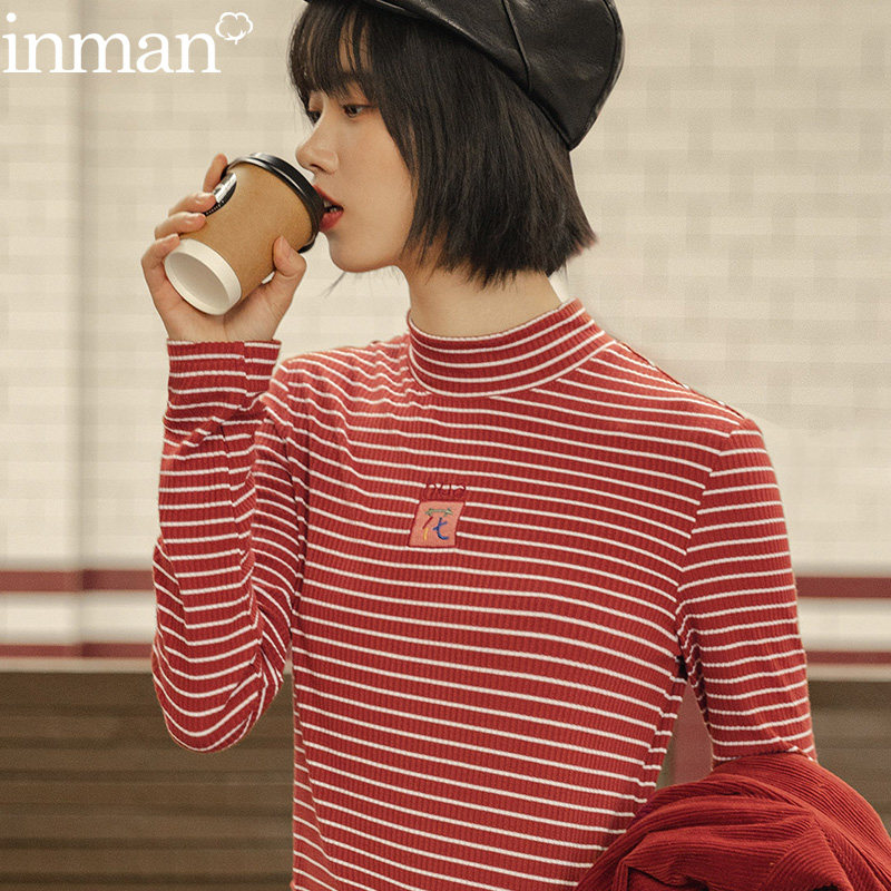 茵曼2020年秋装新款半高领长袖t恤横条纹女装外穿秋衣打底衫宽松