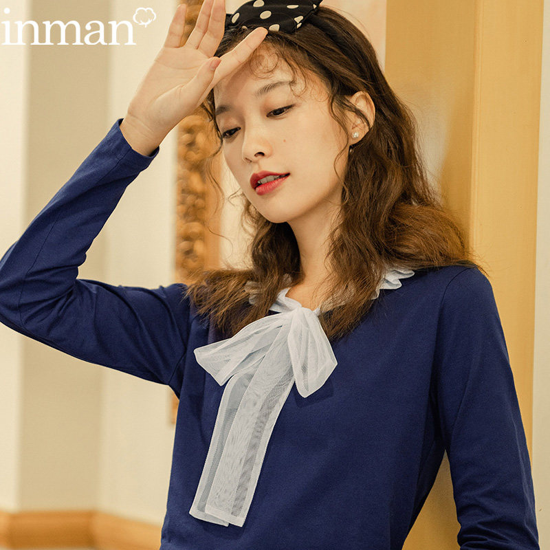 茵曼旗舰店女装2020年秋装新款秋冬t恤甜美长袖纯棉体恤公主菌曼