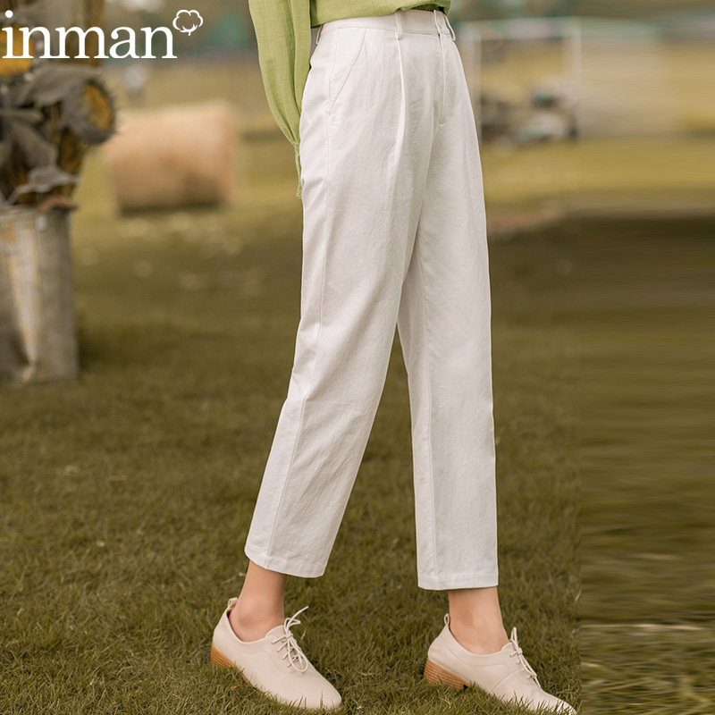 茵曼旗舰店茵蔓白色直筒裤休闲裤九分裤锥形烟管裤因曼女裤子秋季