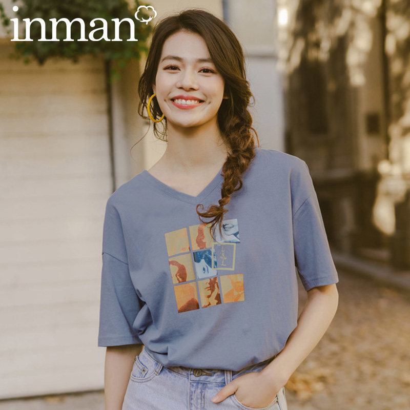 茵曼大领口v领短袖t恤女宽松大圆领体恤夏装体桖低领上衣印花纯棉
