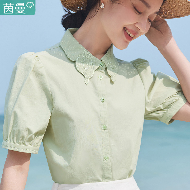 茵曼官方旗舰店夏季麻棉上衣短袖衬衣女2023年新款衬衫小众别致