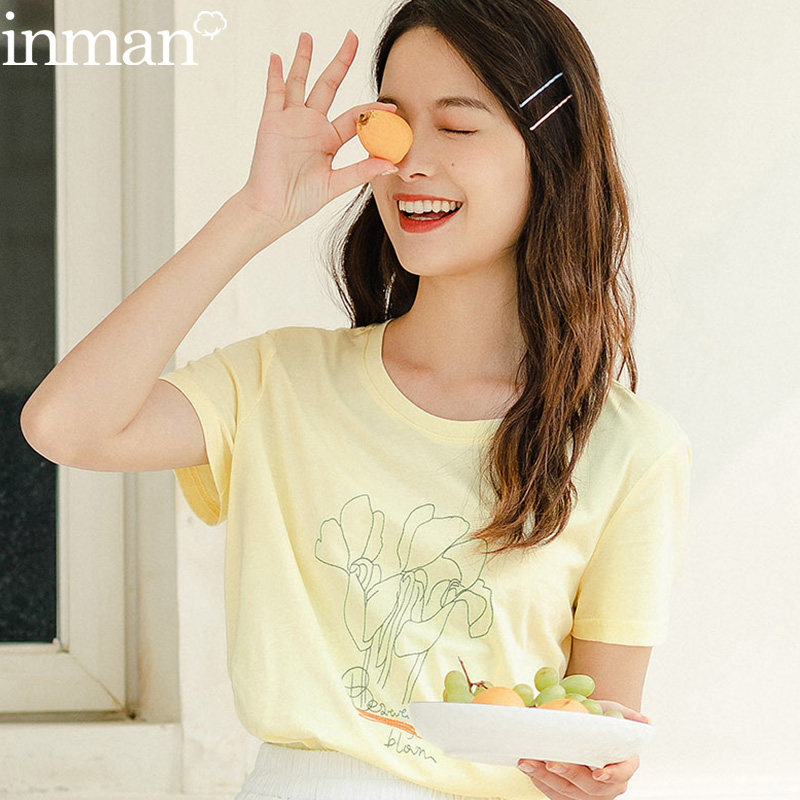 茵曼旗舰店黄色t桖衫短袖T恤纯棉2020夏装女装新款大领口宽松体桖