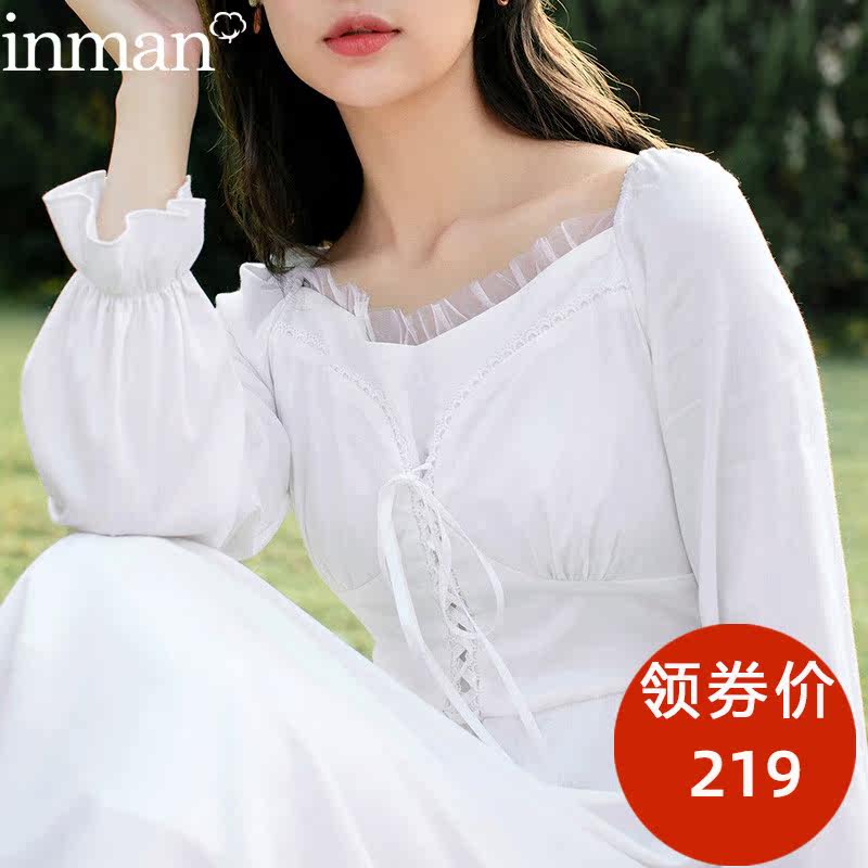 茵曼方领温柔系法式复古连衣裙白色仙女裙子2021年新款早秋季茵蔓