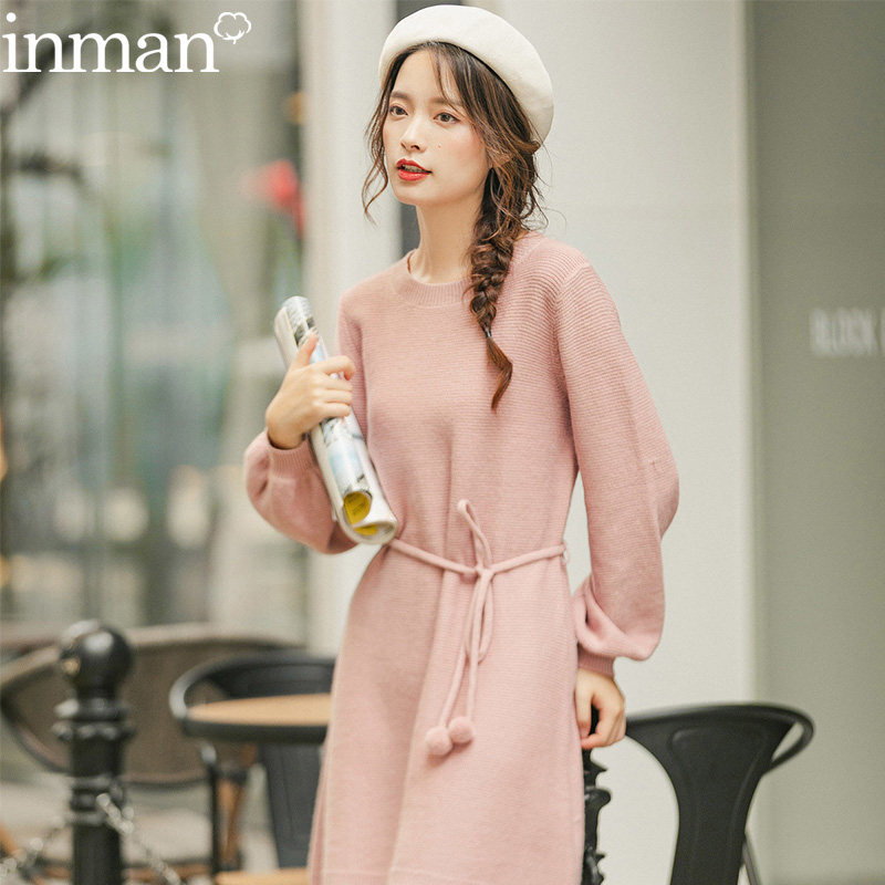 茵曼针织连衣裙中长款春秋冬小个子甜美粉色2020新款仙女裙子长袖
