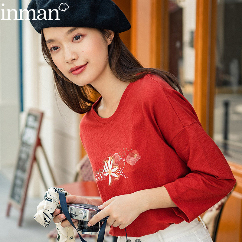 茵曼秋款2020年新款女装七分袖t恤衫打底衫秋衣宽松上衣中袖茵蔓