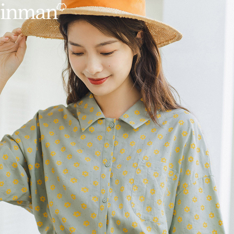茵曼旗舰店法式小雏菊碎花衬衣女士复古宽松韩版衬衫纯棉洋气全棉