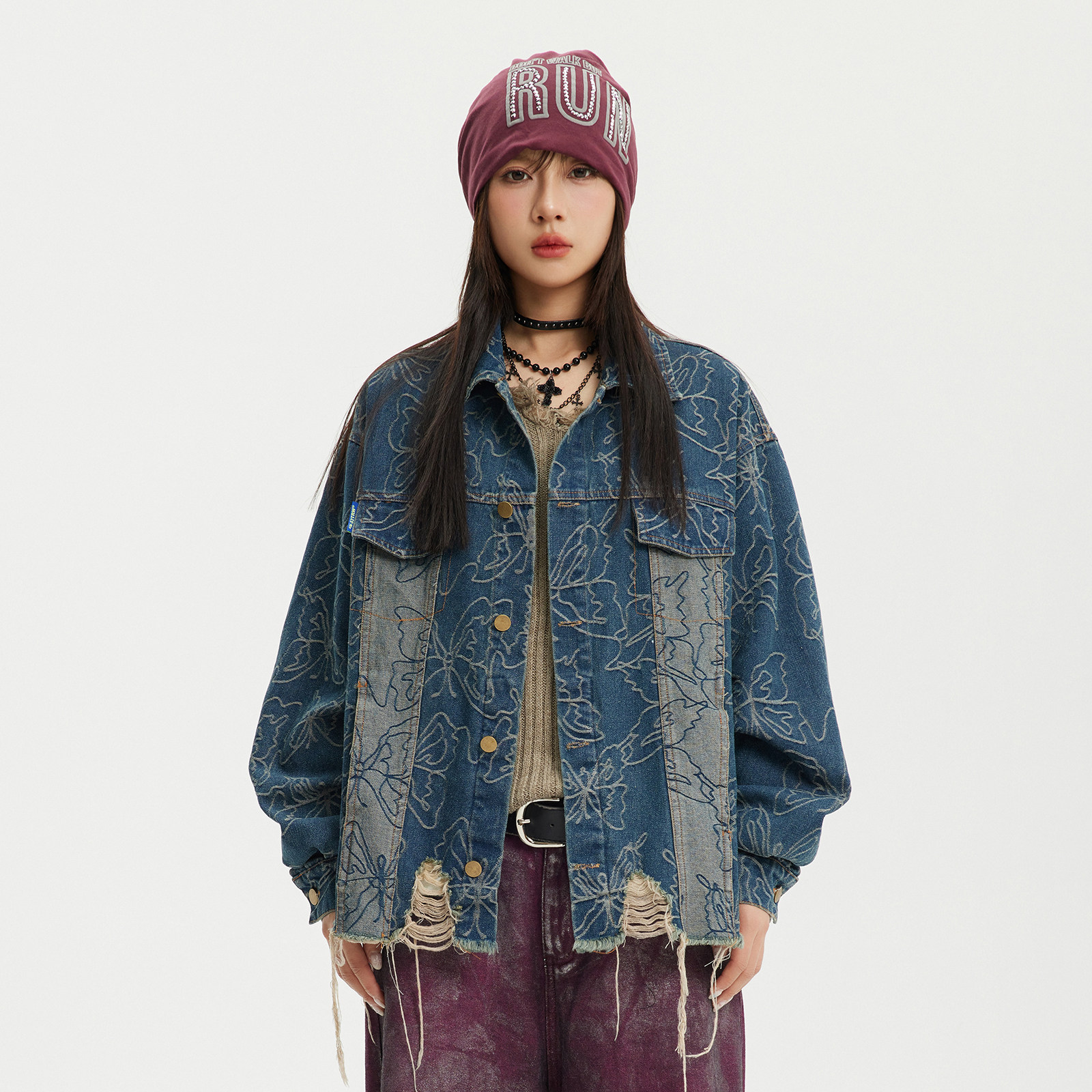 FGXS美式复古小众设计感毛边破洞刮烂牛仔夹克男女秋季宽松外套潮